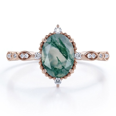 Anello di fidanzamento alternativo verde naturale ovale di Moss Agate Artsy - fede nuziale fatta a mano