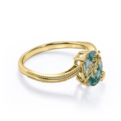 L'ovale di carati del forcone 1 del cuore e della foglia ha tagliato l'anello di fidanzamento dentritico latteo del solitario di Moss Green Agate Milgrain Edge in 18K Y
