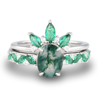 Moss Agate Emerald Ring Set, fede nuziale di promessa del regalo dei gioielli di anniversario