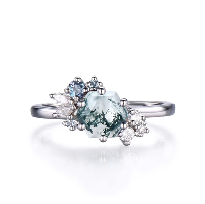 L'esagono ha tagliato Moss Agate Vintage Unique Moissanite naturale Ring For Art Deco nuziale