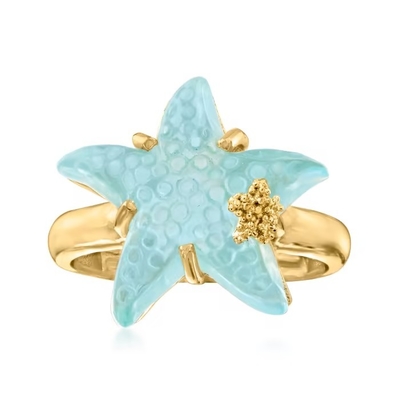 Anello di vetro veneziano blu delle stelle marine di Tagliamonte 16mm dell'italiano in oro 18kt sopra Sterling