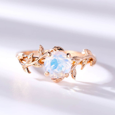 taglio di giro del fiore della foglia di 14K Rose Gold Moonstone Wedding Rings