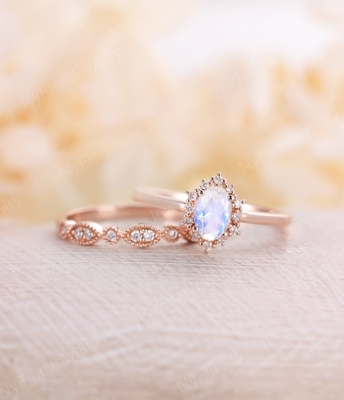 Moonstone naturale blu Ring Set, 14K Rose Gold Moonstone Stacking Rings