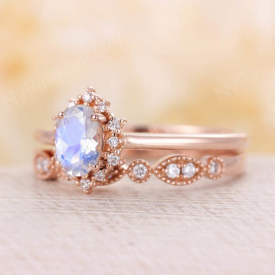 Moonstone naturale blu Ring Set, 14K Rose Gold Moonstone Stacking Rings