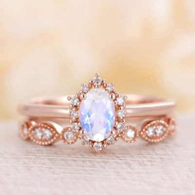 Moonstone naturale blu Ring Set, 14K Rose Gold Moonstone Stacking Rings