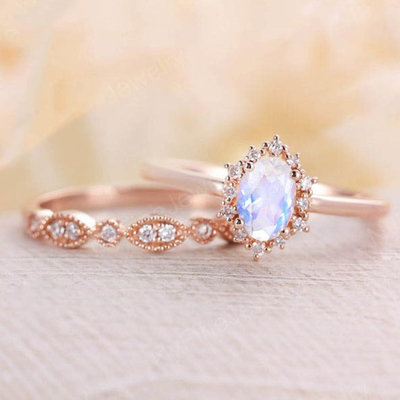 Moonstone naturale blu Ring Set, 14K Rose Gold Moonstone Stacking Rings