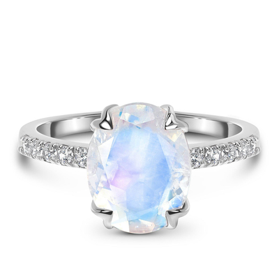 l'ovale dell'oro bianco 14K ha tagliato gli anelli di Ring With CZ di anniversario delle donne di impegno di Moonstone