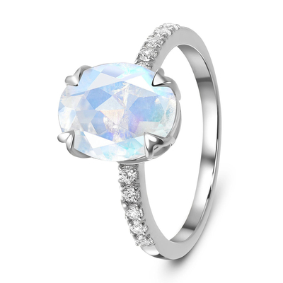 l'ovale dell'oro bianco 14K ha tagliato gli anelli di Ring With CZ di anniversario delle donne di impegno di Moonstone