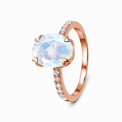 l'ovale dell'oro bianco 14K ha tagliato gli anelli di Ring With CZ di anniversario delle donne di impegno di Moonstone