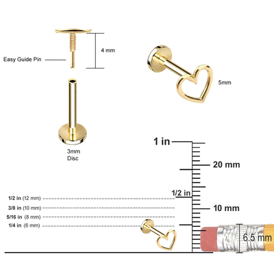 i gioielli penetranti dell'orecchio del cuore descritti oro 14K hanno infilato il perno posteriore piano