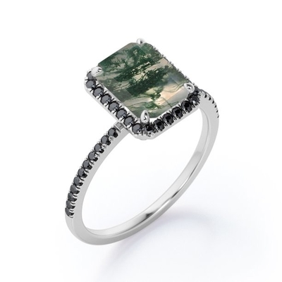 agata stile alone di Emerald Cut Moss Green con l'impegno creato laboratorio Ring With Pave Accents
