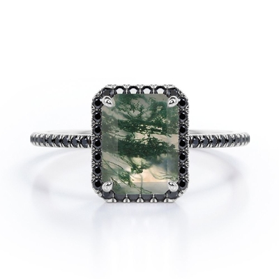 agata stile alone di Emerald Cut Moss Green con l'impegno creato laboratorio Ring With Pave Accents