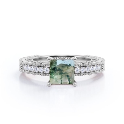 Il vittoriano del confine di principessa Cut Natural Druzy Moss Green Agate And Moissanite Milgrain pavimenta l'anello di fidanzamento