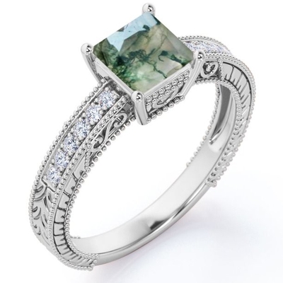 Il vittoriano del confine di principessa Cut Natural Druzy Moss Green Agate And Moissanite Milgrain pavimenta l'anello di fidanzamento