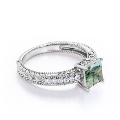 Il vittoriano del confine di principessa Cut Natural Druzy Moss Green Agate And Moissanite Milgrain pavimenta l'anello di fidanzamento