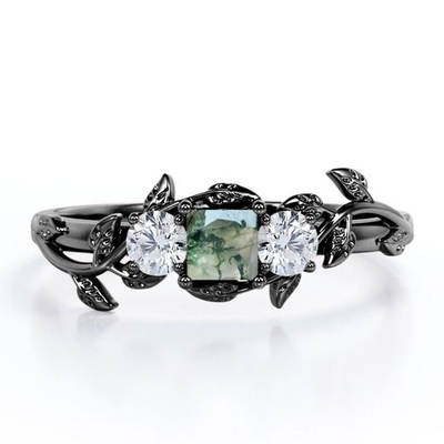 Principessa Cut Milky White Moss Green Agate di carati di progettazione della foglia del ramo e placcatura di Moissanite sopra l'argento