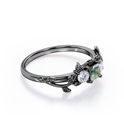 Principessa Cut Milky White Moss Green Agate di carati di progettazione della foglia del ramo e placcatura di Moissanite sopra l'argento