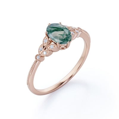 anello di fidanzamento naturale a uovo a filigrana del forcone del mazzo 6 di Milgrain Druzy Moss Green Agate And Moissanite di Marquise-forma
