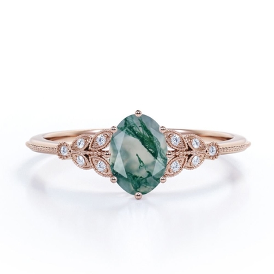 anello di fidanzamento naturale a uovo a filigrana del forcone del mazzo 6 di Milgrain Druzy Moss Green Agate And Moissanite di Marquise-forma