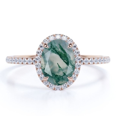 Moss Green Agate And Moissanite dentritico bianco latteo naturale a uovo pavimenta l'anello di fidanzamento di alone
