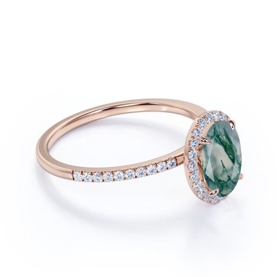 Moss Green Agate And Moissanite dentritico bianco latteo naturale a uovo pavimenta l'anello di fidanzamento di alone