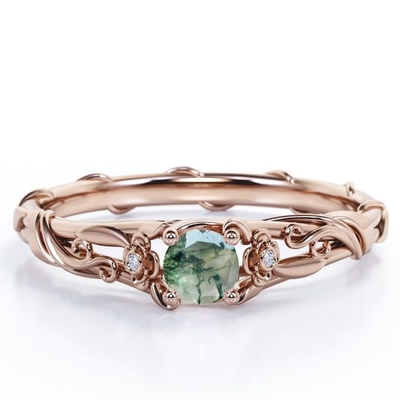 Taglio di giro floreale futuro attuale passato di carati dell'incastonatura 0,55 Moss Green Agate e vite trasparenti naturali Engagemen di Moissanite