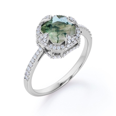 Asscher ha tagliato Moss Green Agate latteo opaco e Moissanite - pavimenti l'anello di fidanzamento