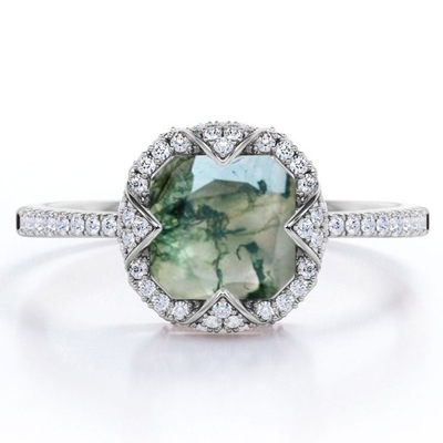 Asscher ha tagliato Moss Green Agate latteo opaco e Moissanite - pavimenti l'anello di fidanzamento