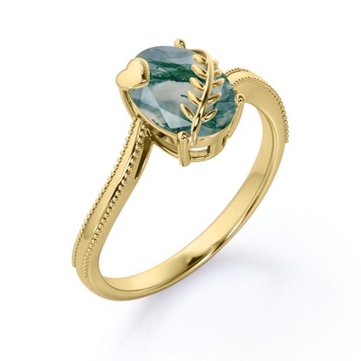 L'ovale di carati del forcone 1 del cuore e della foglia ha tagliato l'anello di fidanzamento dentritico latteo del solitario di Moss Green Agate Milgrain Edge in 18K Y