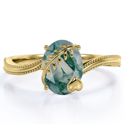 L'ovale di carati del forcone 1 del cuore e della foglia ha tagliato l'anello di fidanzamento dentritico latteo del solitario di Moss Green Agate Milgrain Edge in 18K Y