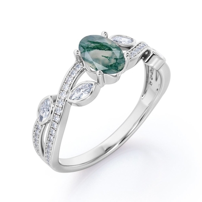 Taglio ovale Moss Green Agate di carati della pietra 1,1 del classico 7 e fede nuziale normale dello stinco in oro bianco