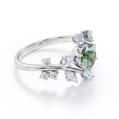 Taglio rotondo Moss Green Agate di Chevron di carati a filigrana del diadema 0,6 e nozze Ring Set della CZ in Rose Gold
