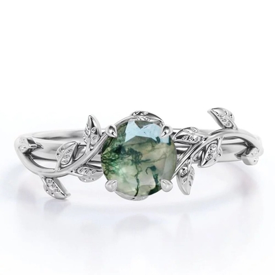 Taglio ovale Moss Green Agate di carati della pietra 1,1 del classico 7 e fede nuziale normale dello stinco in oro bianco