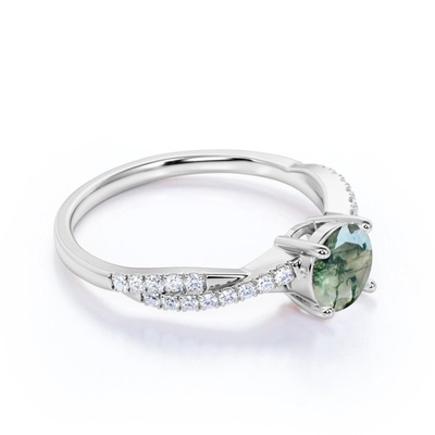 Taglio rotondo Moss Green Agate di Chevron di carati a filigrana del diadema 0,6 e nozze Ring Set della CZ in Rose Gold