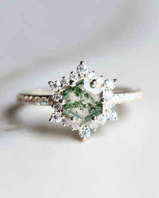 Esagono Moss Agate Ring del fiocco di neve con Moissanites per le donne