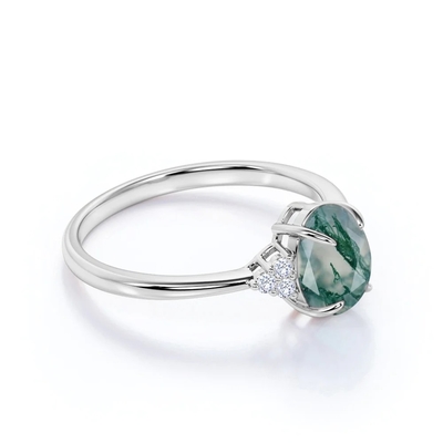 Taglio ovale Moss Green Agate di carati della pietra 1,1 del classico 7 e fede nuziale normale dello stinco in oro bianco