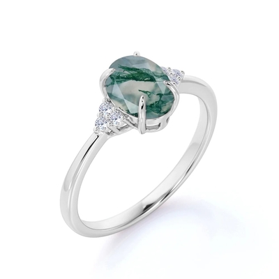 Taglio ovale Moss Green Agate di carati della pietra 1,1 del classico 7 e fede nuziale normale dello stinco in oro bianco