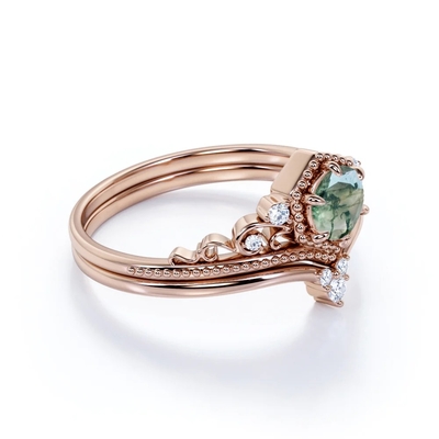 Taglio rotondo Moss Green Agate di Chevron di carati a filigrana del diadema 0,6 e nozze Ring Set della CZ in Rose Gold