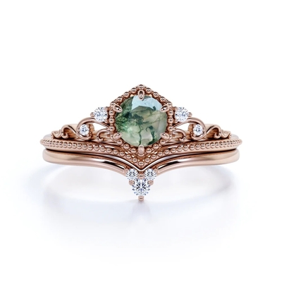 Taglio rotondo Moss Green Agate di Chevron di carati a filigrana del diadema 0,6 e nozze Ring Set della CZ in Rose Gold