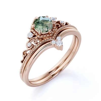 Taglio rotondo Moss Green Agate di Chevron di carati a filigrana del diadema 0,6 e nozze Ring Set della CZ in Rose Gold