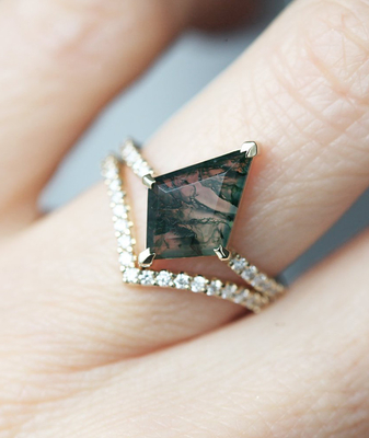 Grande mazzo Ring Set di nozze di Moss Agate Statement di esagono