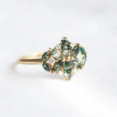 Anello naturale del mazzo di nozze della CZ del fiore di Moss Agate Flower Shape Marquise