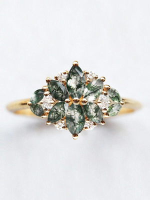 Anello naturale del mazzo di nozze della CZ del fiore di Moss Agate Flower Shape Marquise