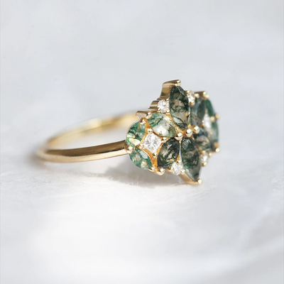 Anello naturale del mazzo di nozze della CZ del fiore di Moss Agate Flower Shape Marquise