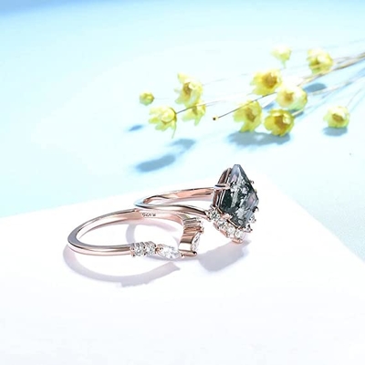 Grande mazzo Ring Set di nozze di Moss Agate Statement di esagono