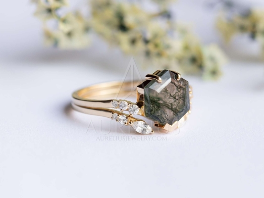 Grande mazzo Ring Set di nozze di Moss Agate Statement di esagono