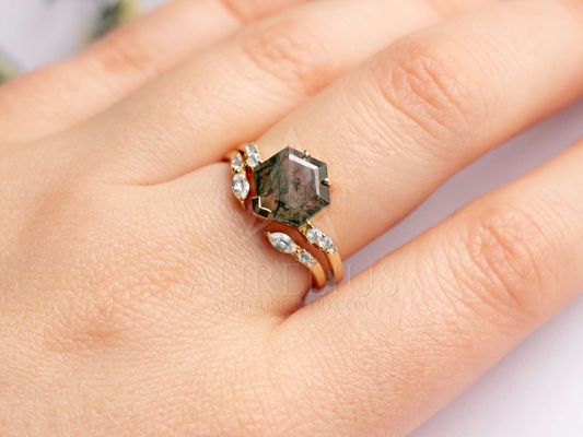Grande mazzo Ring Set di nozze di Moss Agate Statement di esagono