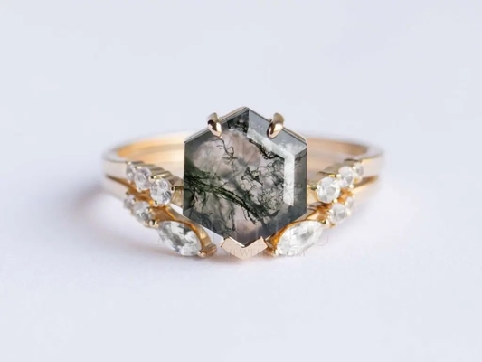 Pietra Moss Agate Engagement Ring Vintage naturale Art Deco Gift Love di forma dell'aquilone