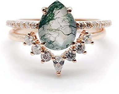 Moss Agate Emerald Ring Set, fede nuziale di promessa del regalo dei gioielli di anniversario
