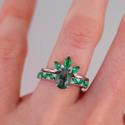 Moss Agate Emerald Ring Set, fede nuziale di promessa del regalo dei gioielli di anniversario